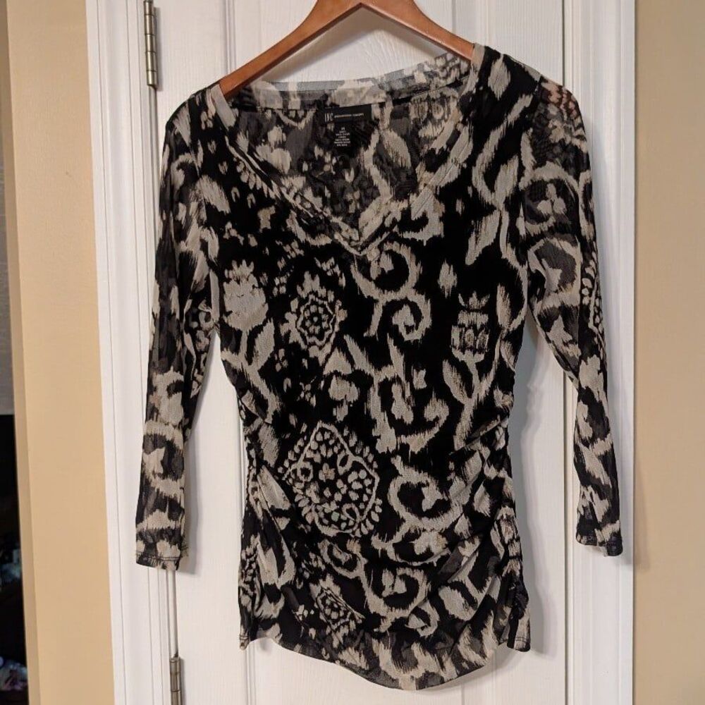 INC Black & White Damask Mesh Top V-Neck 3/4 Sleeve Whimsigoth / Grunge Fairy